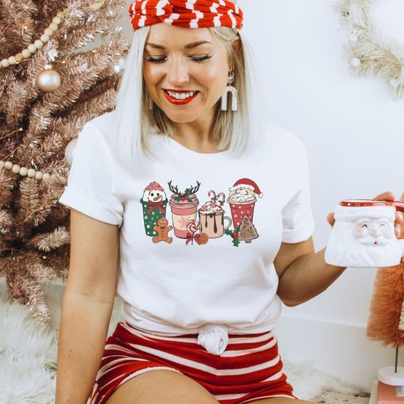 Tops - Christmas Coffee T-shirt / White / Cozy Christmas Coffee Shirt / Graphic T-shirt